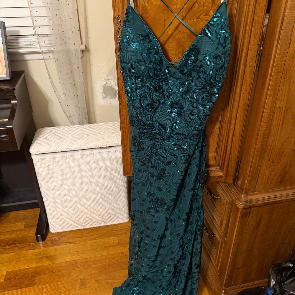 Emerald Green Open Back Evening Gown